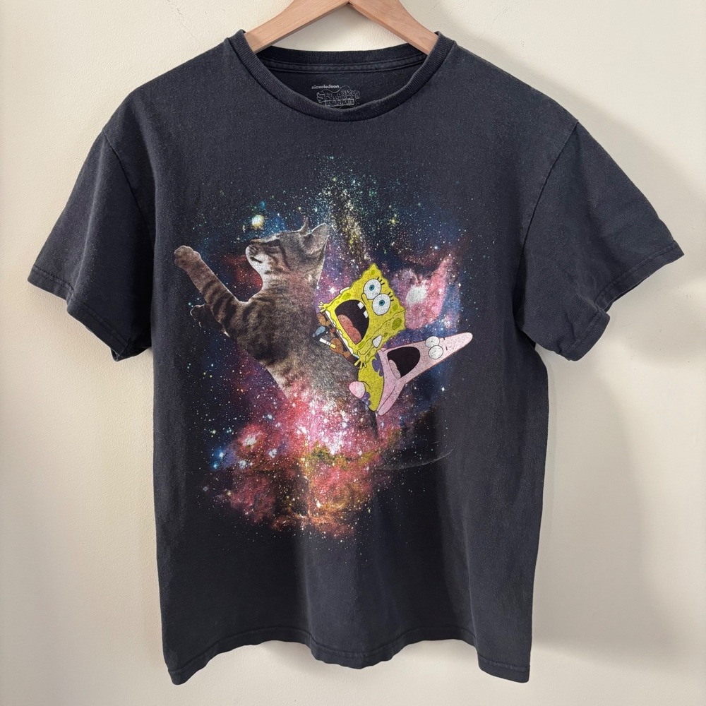 SpongeBob SquarePants Cat Galaxy Space T-Shirt Mens Medium Black Nickelodeon